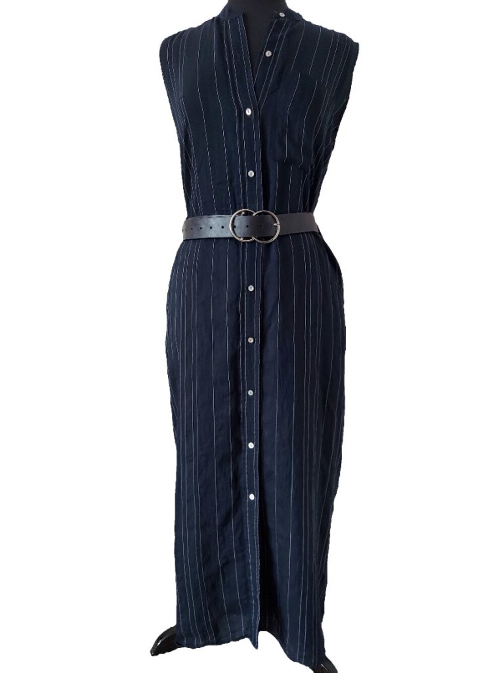 Vince Striped Sleeveless Drapey Shirt Dress SZ M 76% Rayon 20% Nylon 4% Polyeste